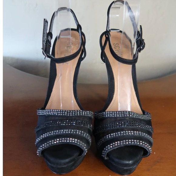Schutz Sandals Black Flared Heels Ankle Embellished Size 8 - Picture 5 of 9